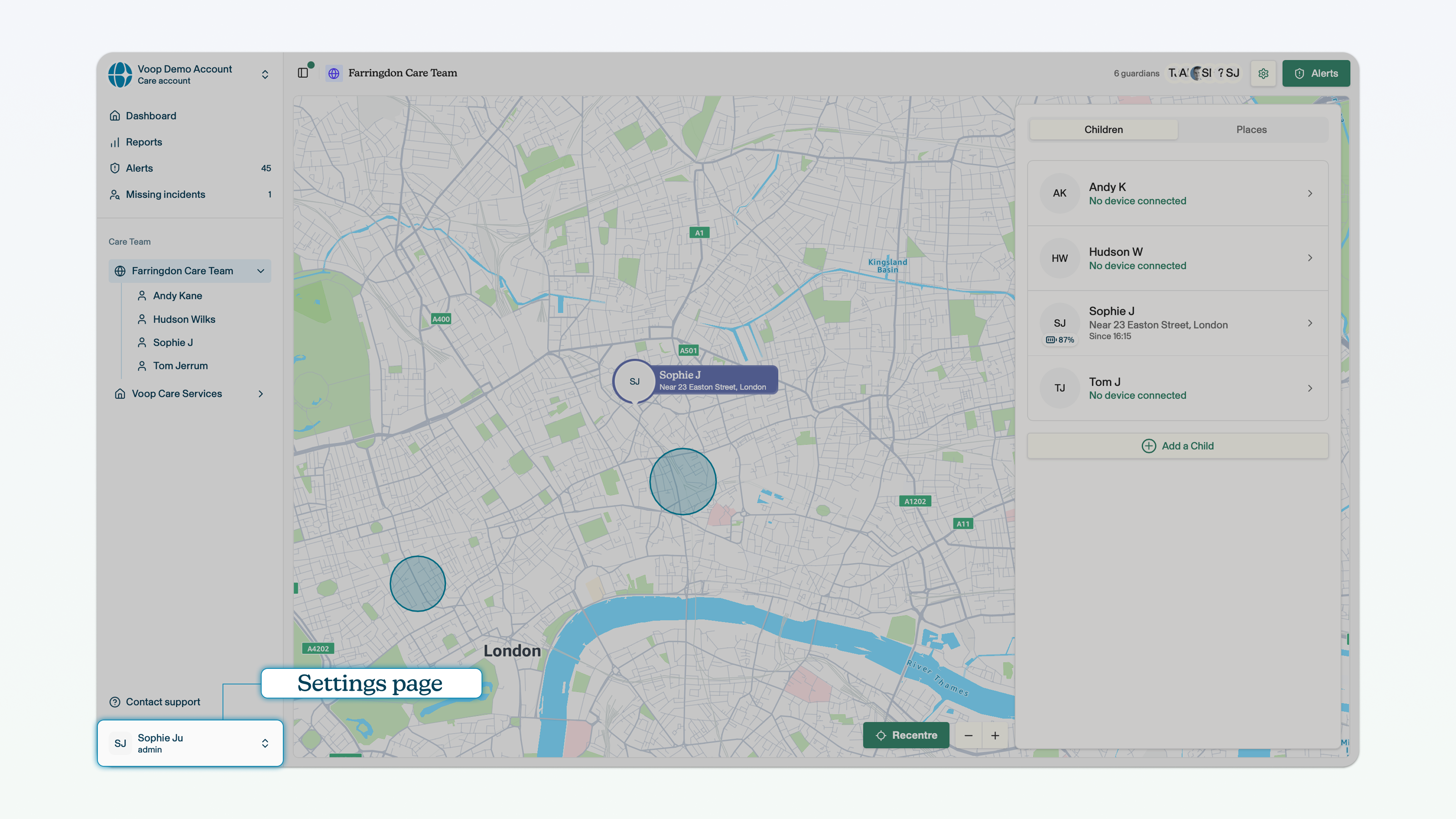 Settings page