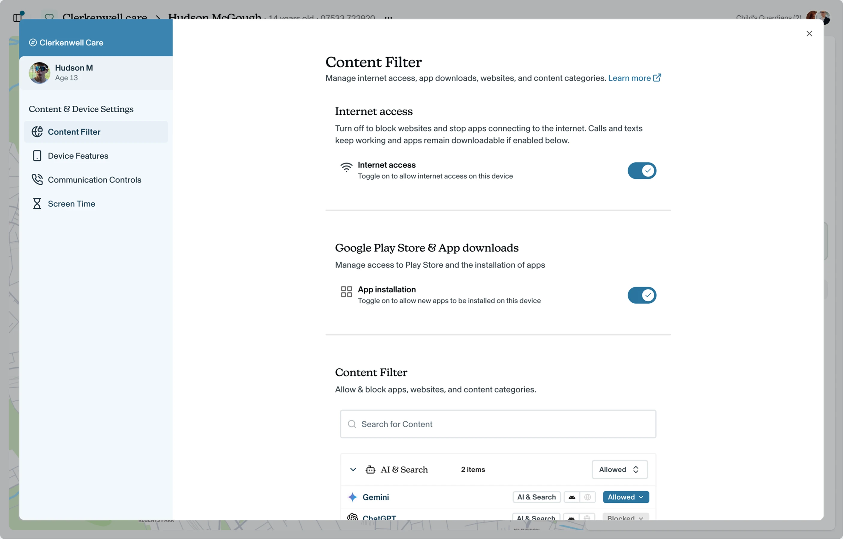 Content Filter opens with the Internet access toggle at the top.