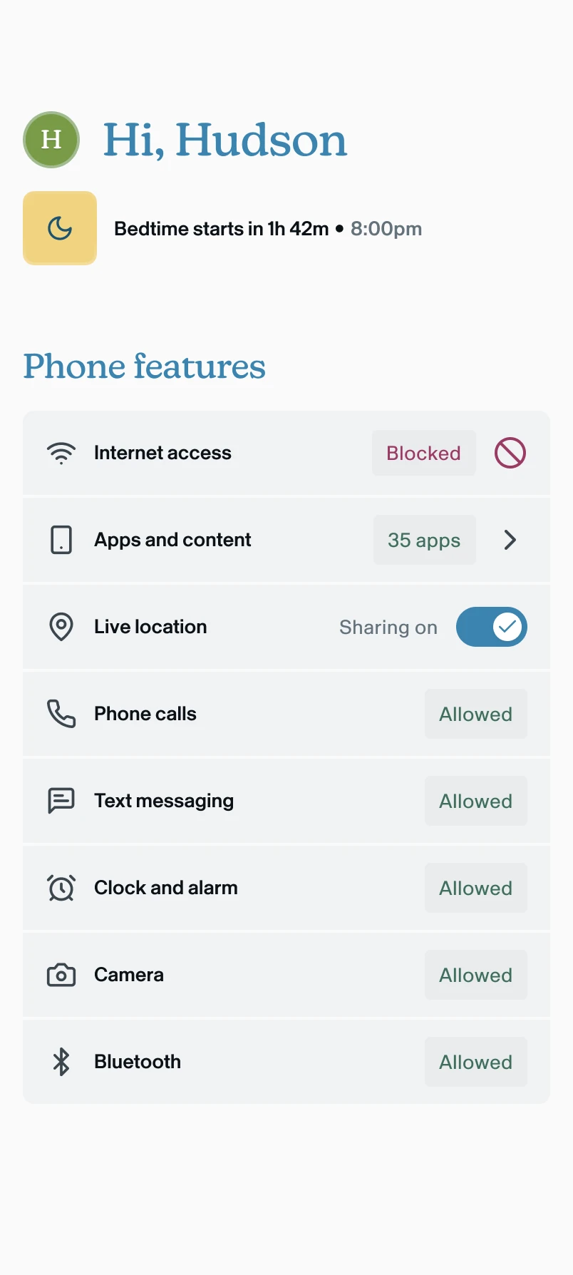 The Internet access row shows Blocked on the child’s home screen.