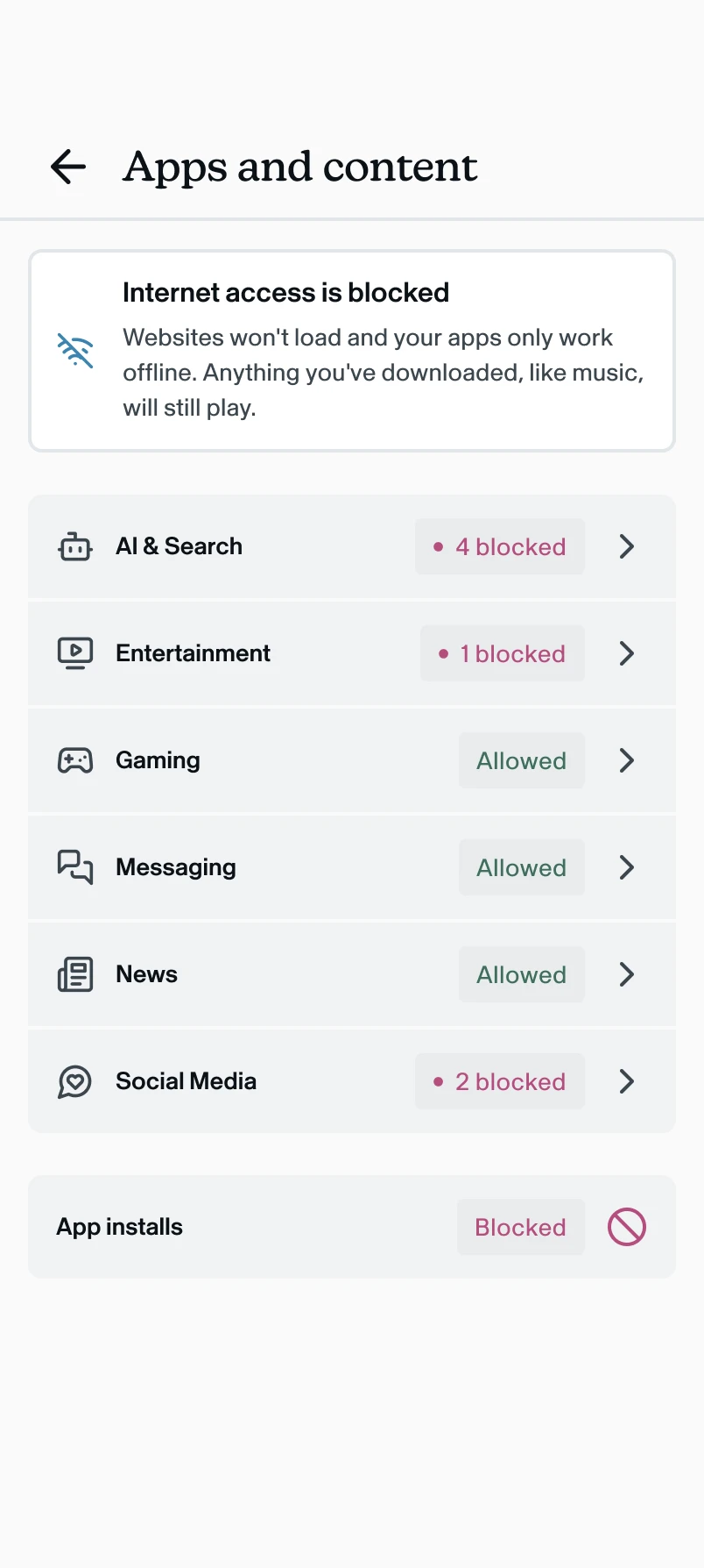 A message explains websites won’t load and apps only work offline.