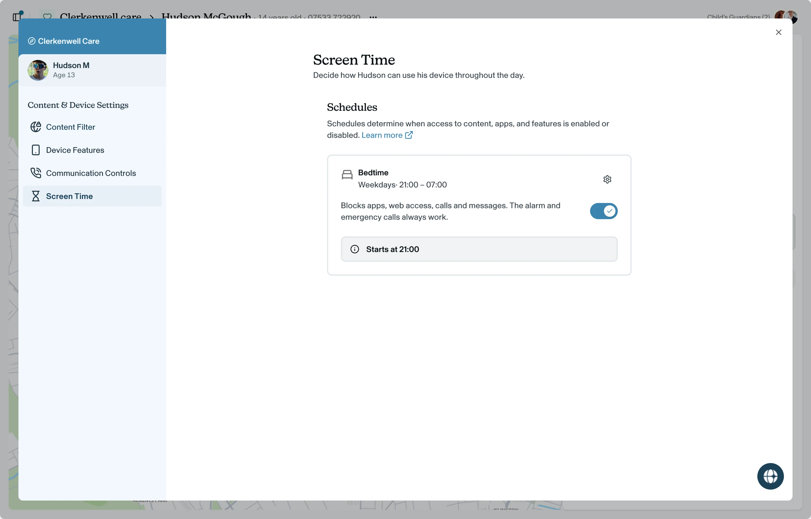On the Bedtime card, click the settings icon.