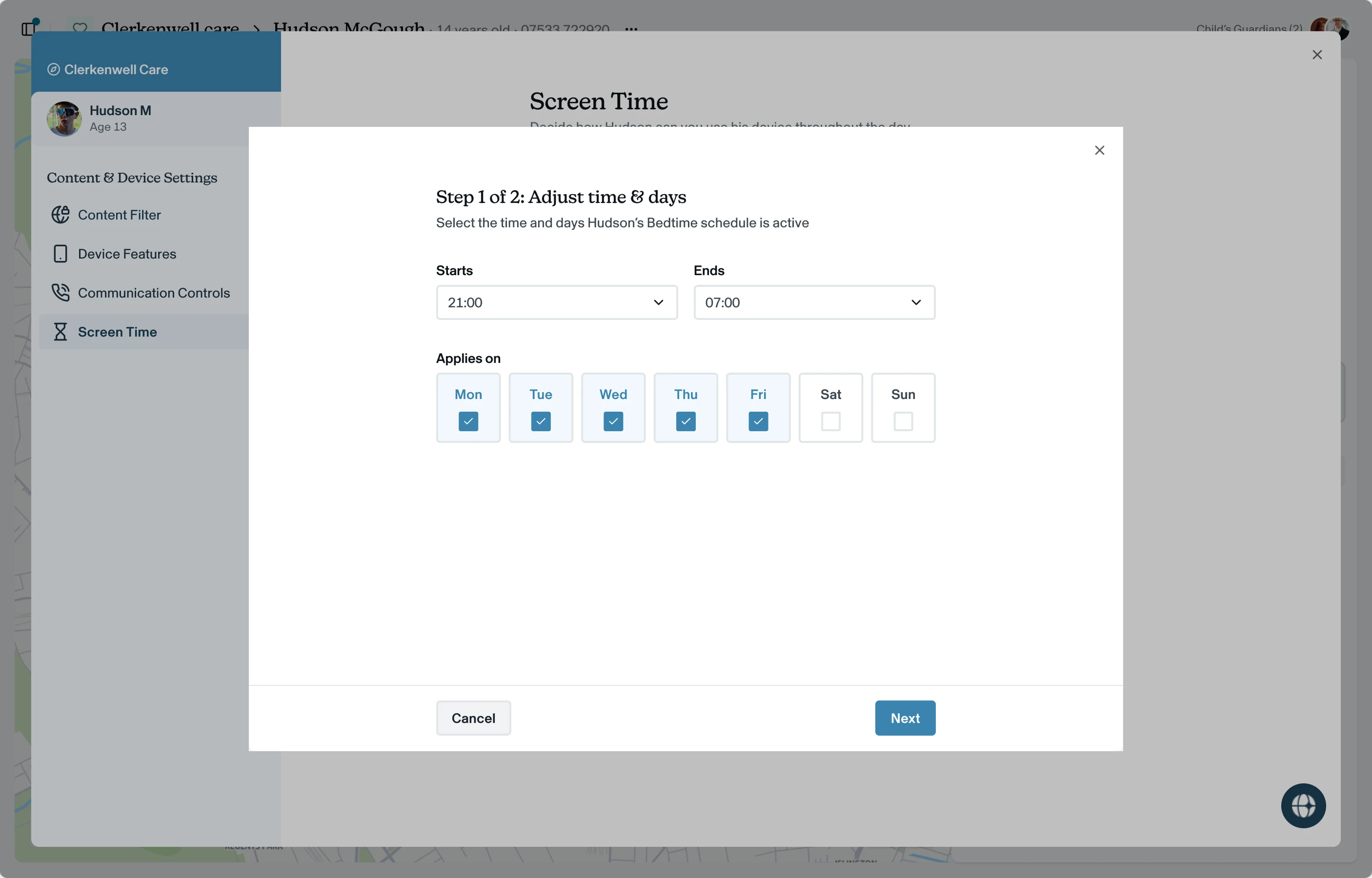 Step 1 of 2 — set the time and days, then click Next.