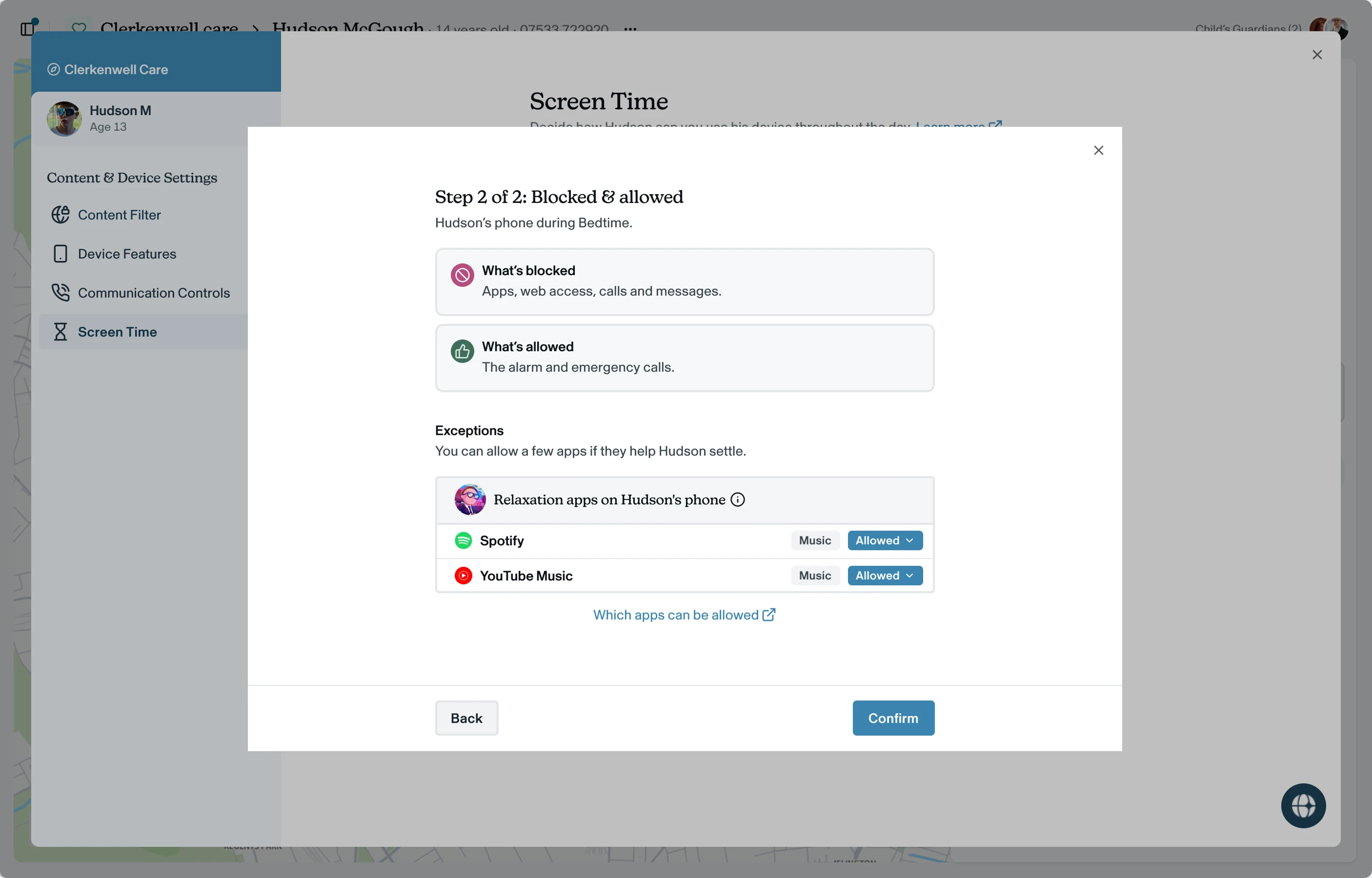 Step 2 of 2 — review what is blocked and set your app exceptions.