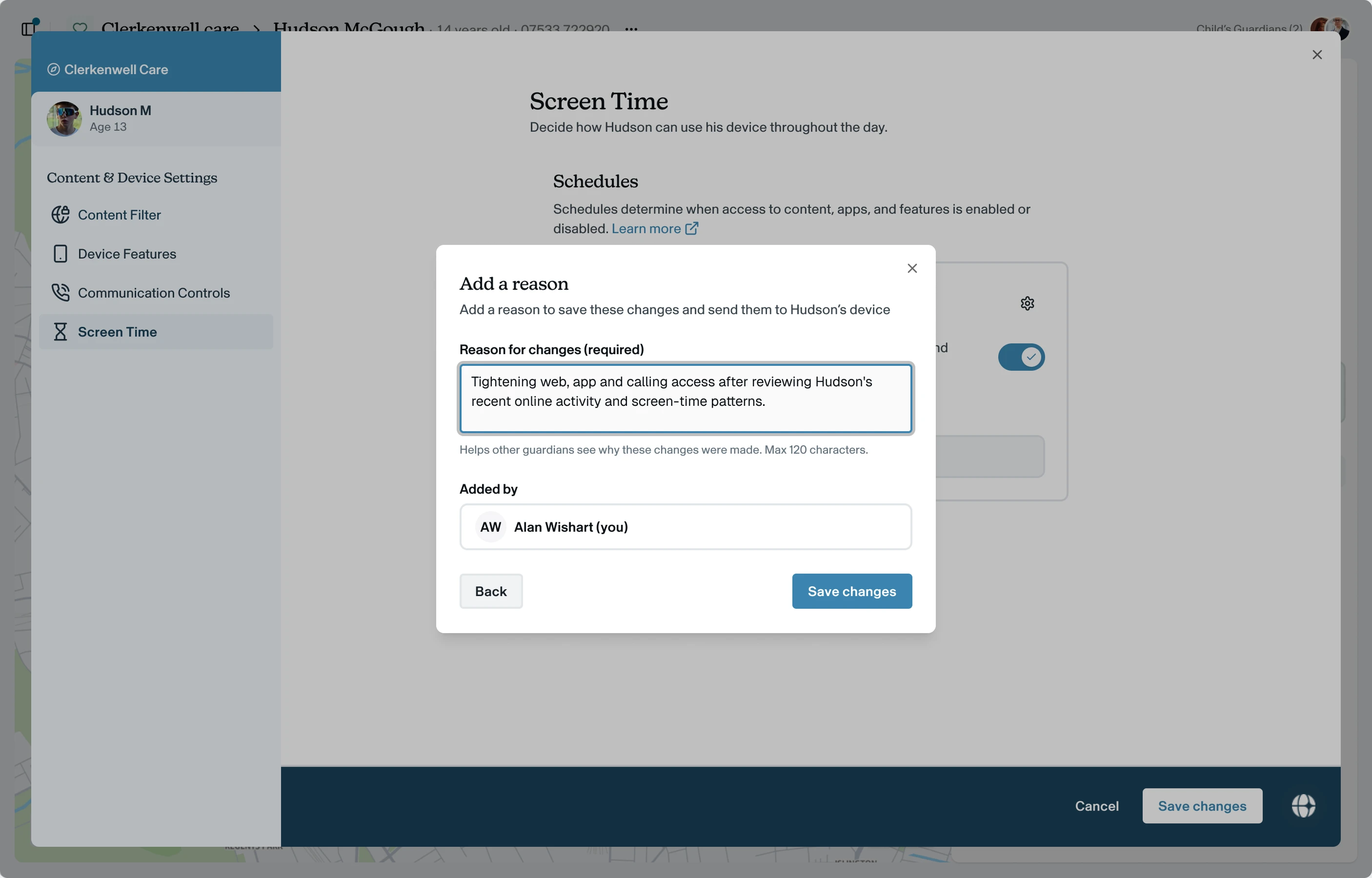 Add a reason (required) and confirm who is making the change, then Save changes.