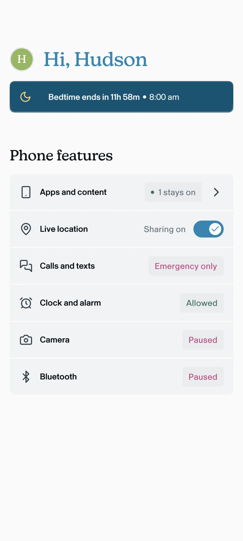 The home screen shows what is paused, what is limited, and what stays on.