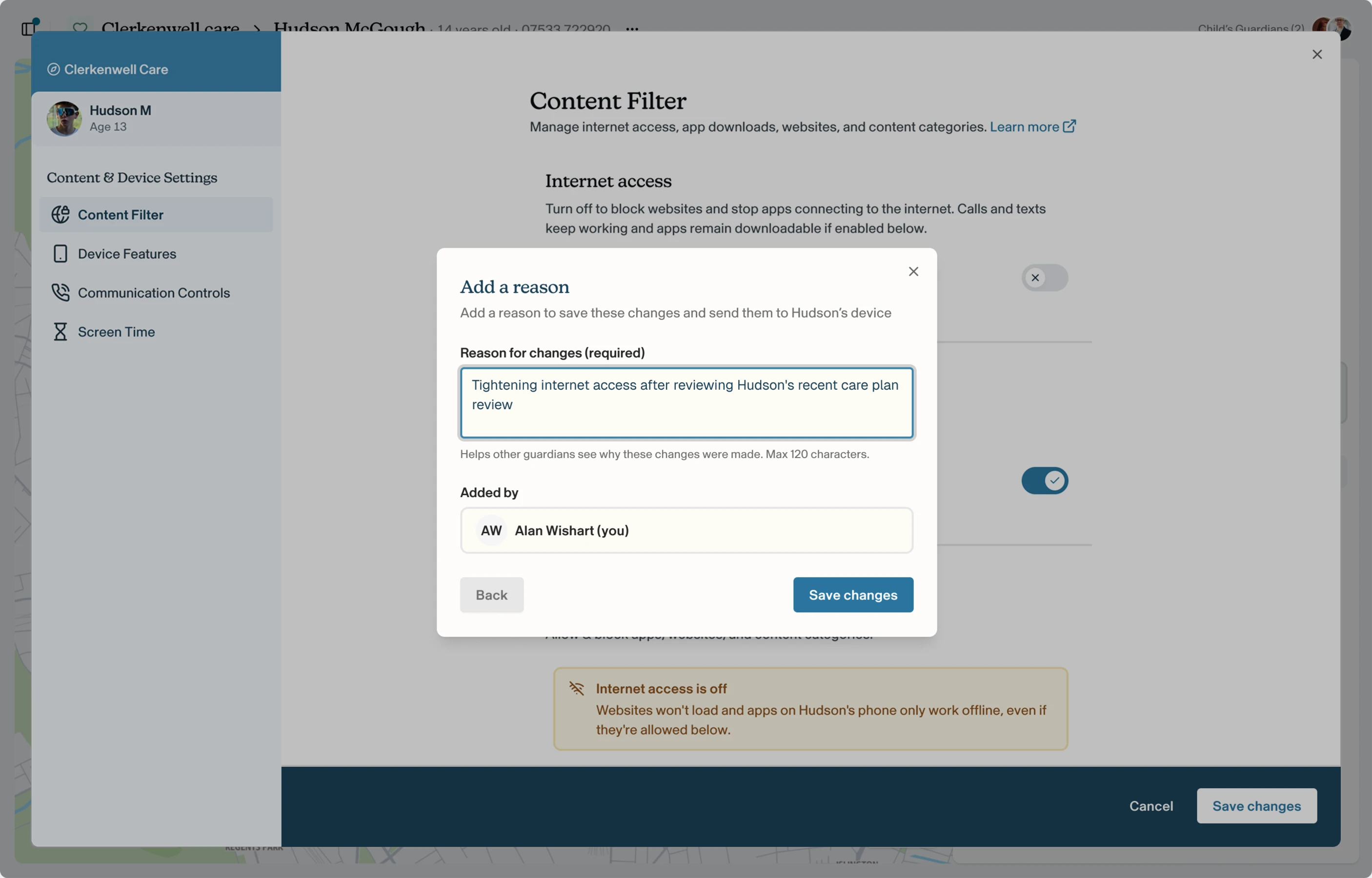 Add a reason (required) and confirm who is making the change, then Save changes.